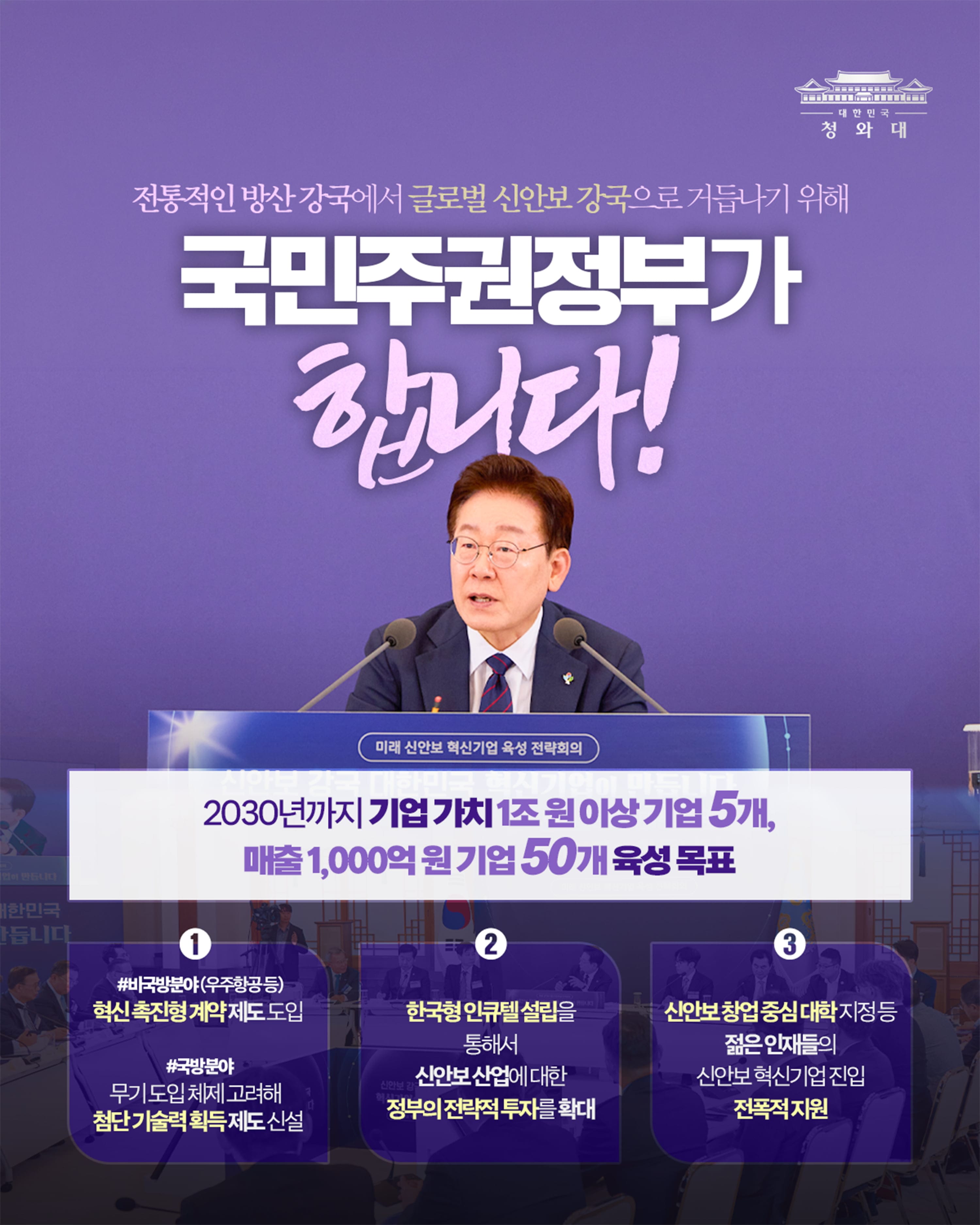 전통적인 방산 강국에서 글러벌 신안보 강국으로 거듭나기 위해 국민주권정부가 합니다! 미래 시안보 혁인기업 육성 전략회의 2030년까지 기업 가치 1조 원 이상 기업 5개, 매출 1,000억 원 기업 50개 육성 목표 ① #비국방분야(우주항공 등) 혁신 촉진형 계약 제도 도입 #국방분야 무기도입 체제 고려해 첨단 기술력 획득 제도 신설 ② 한국형 인규텔 설립을 통해서 신안보 산업에 대한 정부의 전략적 투자를 확대 ③ 신안보 창업 중심 대학 지정 등 젊은 인재들의 신안보 혁신기업 진입 전폭적 지원