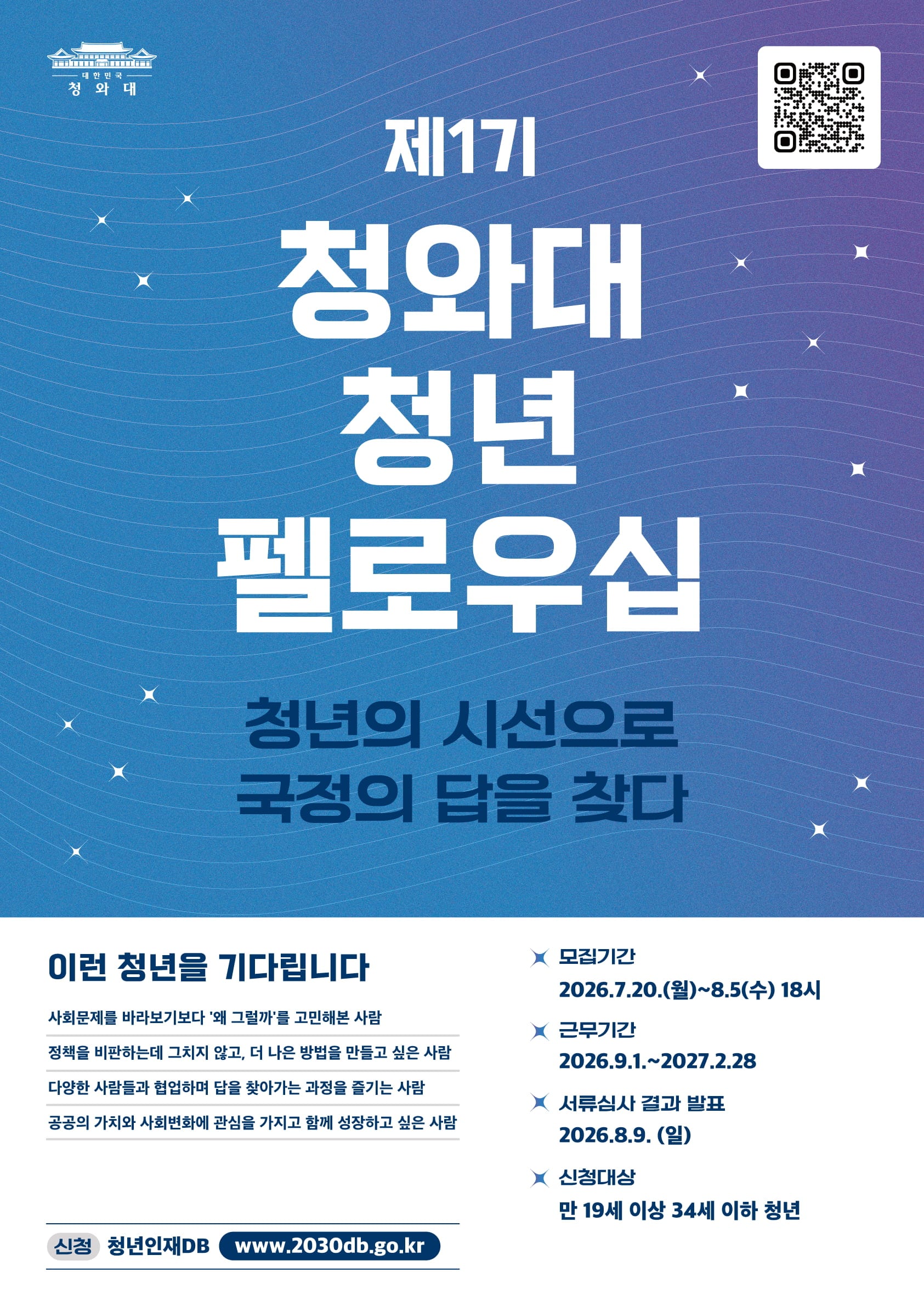 대한민국 청와대  제1기 청와대 청년 펠로우십  청년의 시선으로 국정의 답을 찾다  이런 청년을 기다립니다 사회문제를 바라보기보다 '왜 그럴까'를 고민해본 사람 정책을 비판하는데 그치지 않고, 더 나은 방법을 만들고 싶은 사람 다양한 사람들과 협업하며 답을 찾아가는 과정을 즐기는 사람 공공의 가치와 사회변화에 관심을 가지고 함께 성장하고 싶은 사람 모집기간  2026.7.20.(월)~8.5(수) 18시  근무기간  2026.9.1.~2027.2.28  서류심사 결과 발표  2026.8.9. (일)  신청대상  만 19세 이상 34세 이하 청년  신청 청년인재DB  www.2030db.go.kr